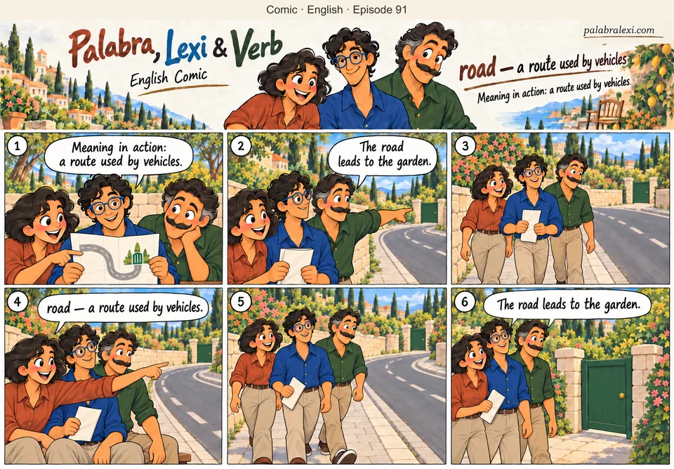 English comic, episode 91: road — way for vehicles. The friends find the road to the garden on a map. They walk on the pavement beside this road and reach the garden gate.