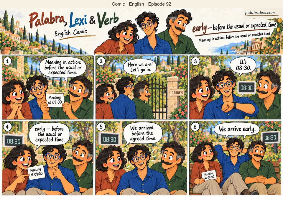 English comic, episode 92: early — before the usual time. The friends arrange to meet at nine but arrive at half past eight. They look at the clock and realise that they are early.