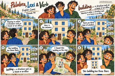 English comic, episode 94: building — house or office. The friends examine a three-storey building. Palabra points to the entrance, Lexi counts the floors, and Verb finds the same building on a map.