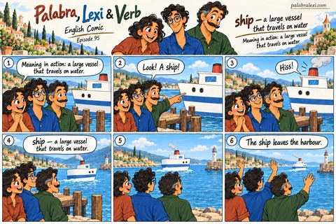 English comic, episode 95: ship — large boat. The friends watch a ship beside a pier. It releases steam with a hiss and slowly leaves the harbour while Palabra, Lexi and Verb wave from the shore.