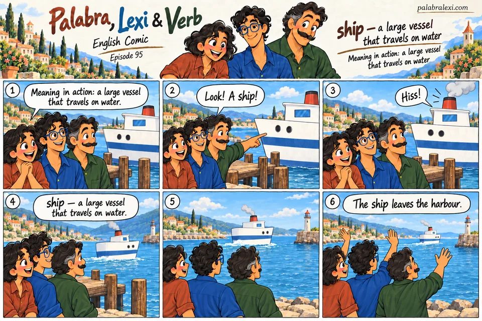 English comic, episode 95: ship — large boat. The friends watch a ship beside a pier. It releases steam with a hiss and slowly leaves the harbour while Palabra, Lexi and Verb wave from the shore.