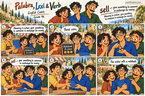English comic, episode 96: sell — give for money. A seller offers a blue notebook for three coins. Lexi pays, the seller hands over the notebook, and the friends see what it means to sell something.
