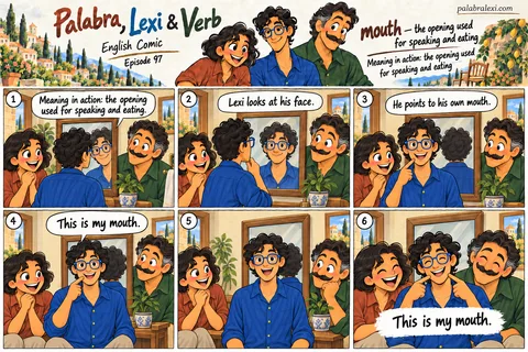 English comic, episode 97: mouth — opening for eating. Lexi looks in a mirror and points to his mouth. Palabra and Verb watch how his mouth moves when he speaks, then smile with him.