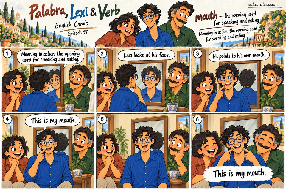 English comic, episode 97: mouth — opening for eating. Lexi looks in a mirror and points to his mouth. Palabra and Verb watch how his mouth moves when he speaks, then smile with him.