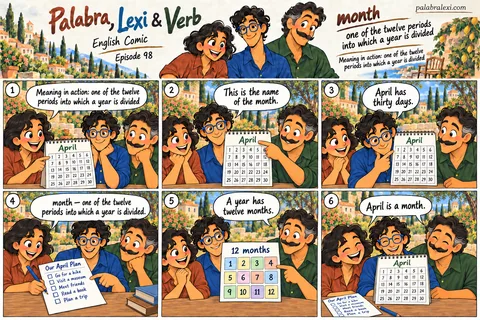English comic, episode 98: month — about thirty days. The friends open an April calendar. They examine the days and plan activities, noting that April is one of the twelve months of the year.