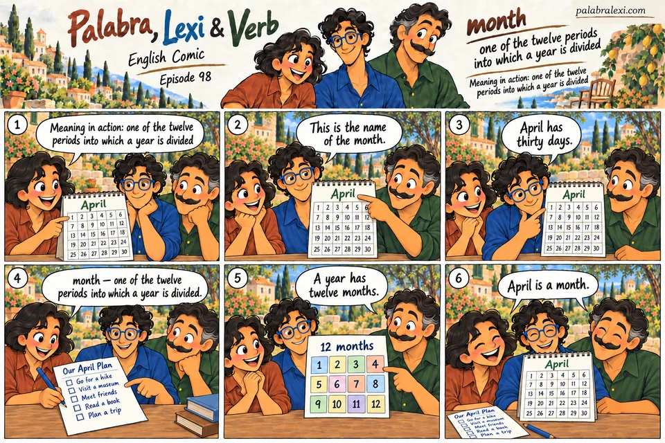 English comic, episode 98: month — about thirty days. The friends open an April calendar. They examine the days and plan activities, noting that April is one of the twelve months of the year.