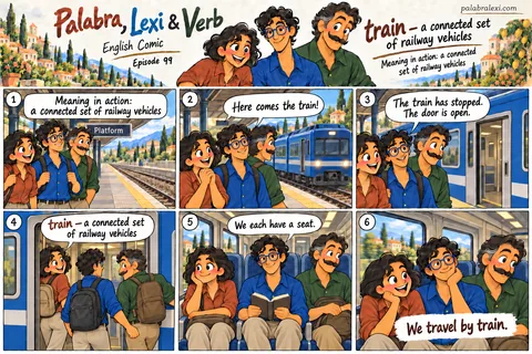 English comic, episode 99: train — railway vehicle. The friends wait for a train on the platform. When it stops, Palabra, Lexi and Verb board a carriage, take their seats and travel together.