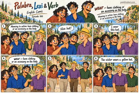 English comic, episode 100: wear — have on the body. The friends meet a visitor wearing a yellow hat. Palabra notices the hat, and the visitor shows that they wear it on their head while walking.