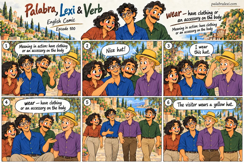 English comic, episode 100: wear — have on the body. The friends meet a visitor wearing a yellow hat. Palabra notices the hat, and the visitor shows that they wear it on their head while walking.