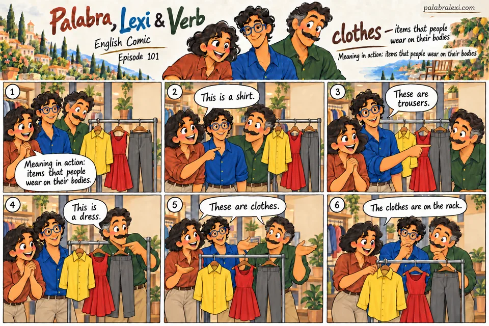 English comic, episode 101: clothes — things you wear. The friends examine clothes on a shop rack. Palabra points to a shirt, Lexi to trousers, and Verb notices a dress and helps name the items.