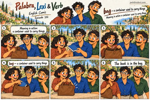 English comic, episode 102: bag — container to carry things. Palabra opens a bag, puts a book inside and closes it. Then she lifts the bag by its handles to carry the book to her friends.
