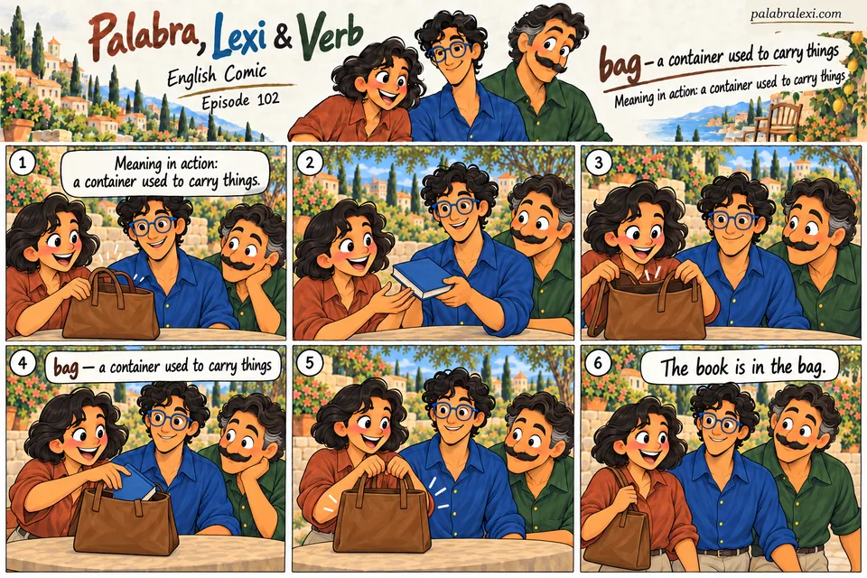 English comic, episode 102: bag — container to carry things. Palabra opens a bag, puts a book inside and closes it. Then she lifts the bag by its handles to carry the book to her friends.