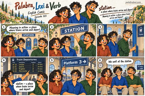English comic, episode 103: station — stop for trains. The friends arrive at a railway station, check the departure board and find their platform. Before departure, they wait in the station hall.