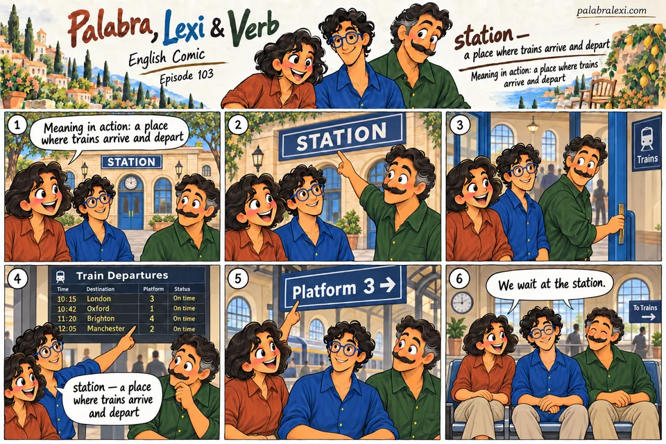 English comic, episode 103: station — stop for trains. The friends arrive at a railway station, check the departure board and find their platform. Before departure, they wait in the station hall.