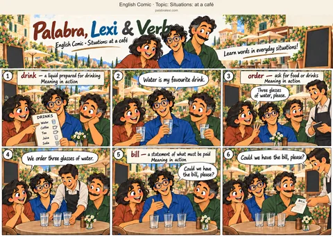 Thematic word collection: drink — a liquid prepared for drinking; order — ask for food or drinks; bill — a statement of what must be paid. The friends choose water from the drinks menu. Palabra orders three glasses of water. Afterwards, Lexi asks for the bill.