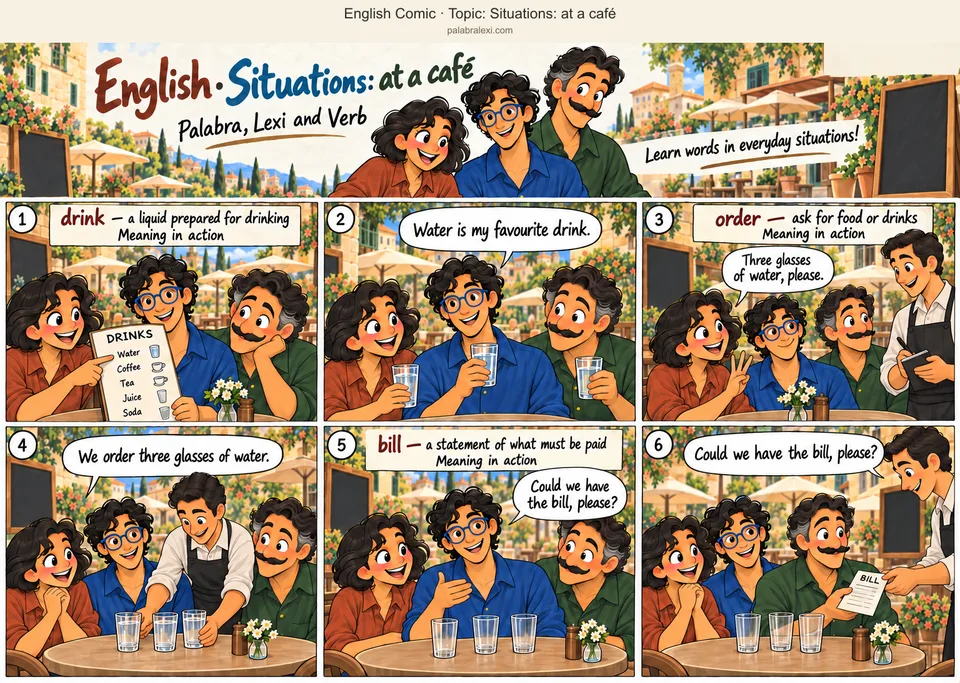 Thematic word collection: drink — a liquid prepared for drinking; order — ask for food or drinks; bill — a statement of what must be paid. The friends choose water from the drinks menu. Palabra orders three glasses of water. Afterwards, Lexi asks for the bill.