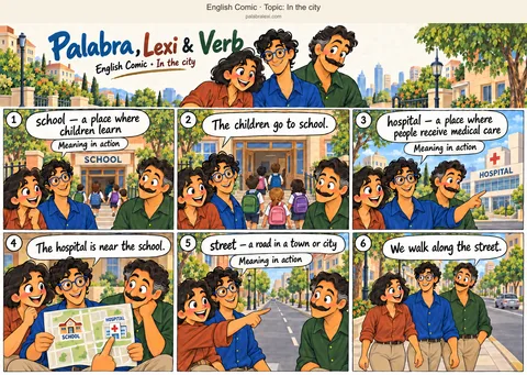 Thematic word collection: school — a place where children learn; hospital — a place where people receive medical care; street — a road in a town or city. The friends pass a school where children arrive with backpacks. Nearby they see a hospital. Lexi holds a map showing both buildings, and the friends continue along the street.