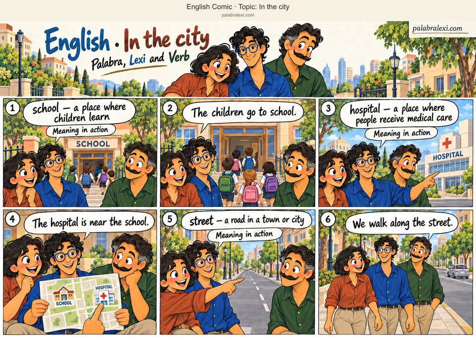 Thematic word collection: school — a place where children learn; hospital — a place where people receive medical care; street — a road in a town or city. The friends pass a school where children arrive with backpacks. Nearby they see a hospital. Lexi holds a map showing both buildings, and the friends continue along the street.