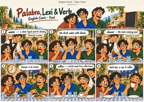 Thematic word collection: water — a clear liquid used for drinking; dinner — the main evening meal; coffee — a drink made from coffee beans. The friends drink water at a cafe. A waiter serves three dinners, and the clock shows seven. After eating, the friends leave their empty plates on the table while the waiter brings a cup of coffee for Verb.