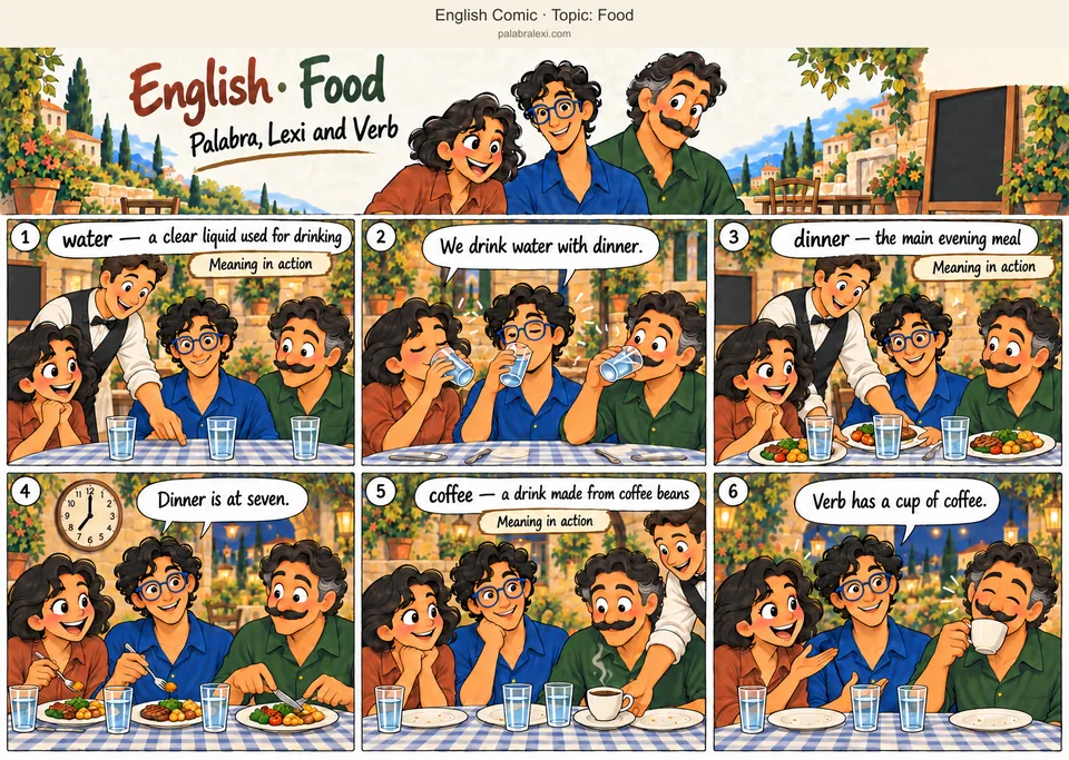 Thematic word collection: water — a clear liquid used for drinking; dinner — the main evening meal; coffee — a drink made from coffee beans. The friends drink water at a cafe. A waiter serves three dinners, and the clock shows seven. After eating, the friends leave their empty plates on the table while the waiter brings a cup of coffee for Verb.