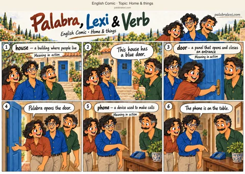 Thematic word collection: house — a building where people live; door — a panel that opens and closes an entrance; phone — a device used to make calls. The friends visit one house with a blue door. Palabra opens the door and invites them inside. Lexi points to the same blue telephone on the hall table.