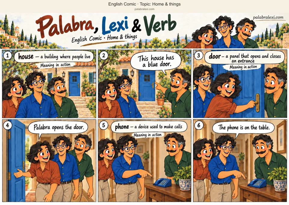 Thematic word collection: house — a building where people live; door — a panel that opens and closes an entrance; phone — a device used to make calls. The friends visit one house with a blue door. Palabra opens the door and invites them inside. Lexi points to the same blue telephone on the hall table.