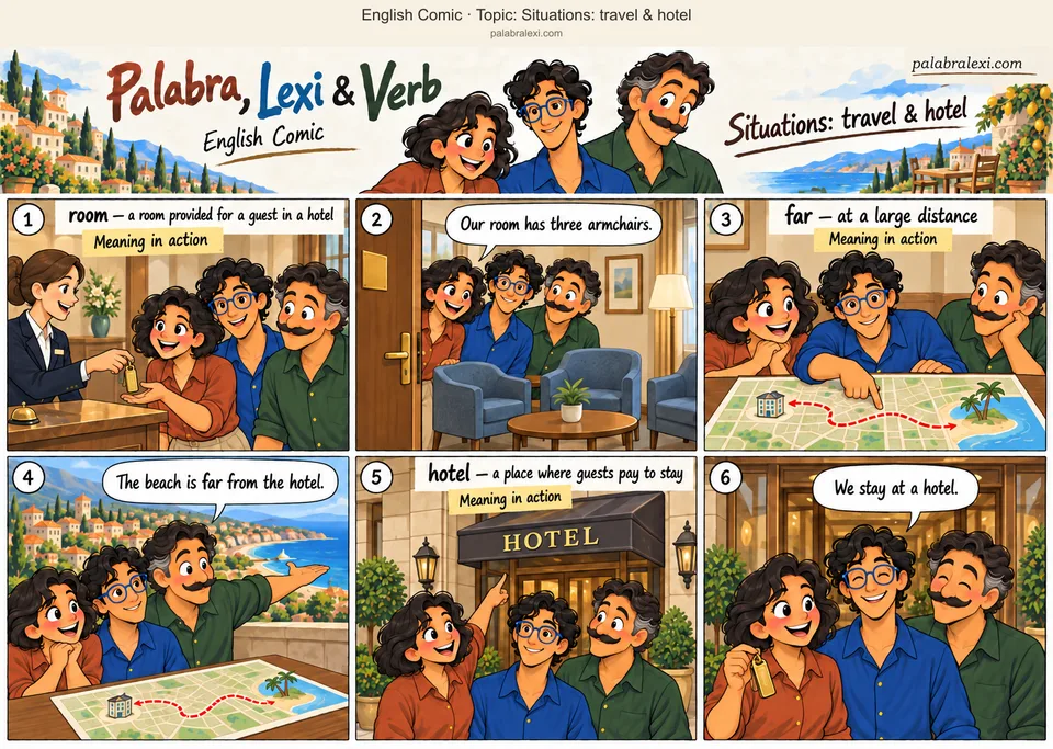 Thematic word collection: room — a room provided for a guest in a hotel; far — at a large distance; hotel — a place where guests pay to stay. The friends receive a key and look at their hotel room. On the map, they see that the beach is far away. Then they go outside to the entrance of the hotel where they are staying.