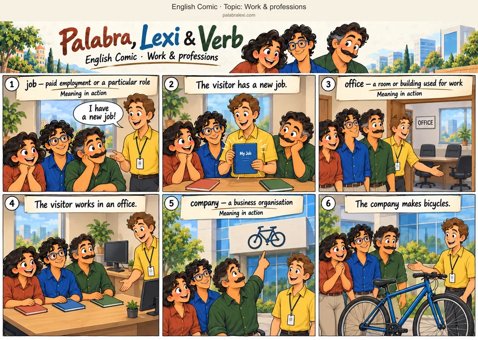 Thematic word collection: job — paid employment or a particular role; office — a room or building used for work; company — a business organisation. An employee tells the friends about their new job. They show the office where they work. Then they show a bicycle made by their company.