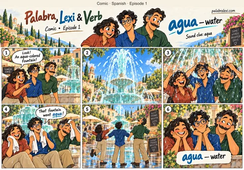 Spanish comic, episode 1: agua — water. An aqua-colored fountain sprays water over the square. Palabra, Lexi and Verb get splashed.