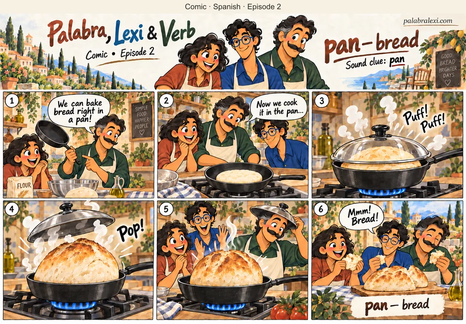 Spanish comic, episode 2: pan — bread. You bake bread right in the frying pan; it puffs up and lifts the lid like a hat.
