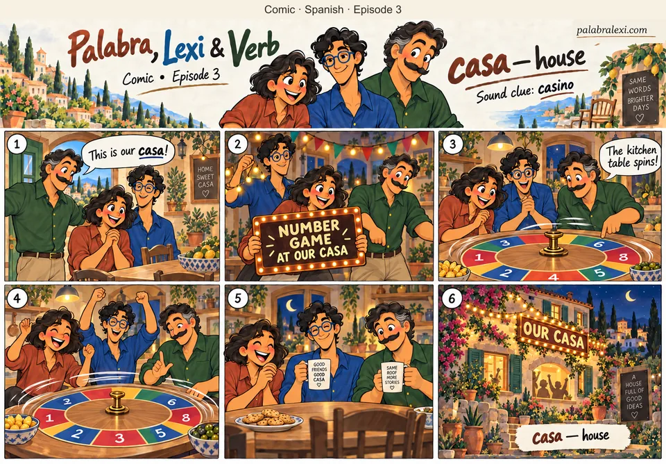 Spanish comic, episode 3: casa — house. Palabra, Lexi and Verb imagine their house with a colorful spinning number-game table.