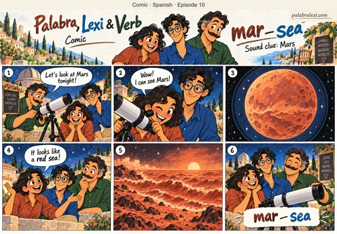Spanish comic, episode 10: mar — sea. The trio observes Mars through a telescope and imagines its red surface like a red sea.