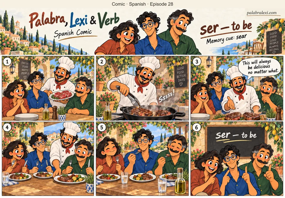 Spanish comic, episode 28: ser — to be. A chef SEARS meat on a hot pan, saying 'this will always BE delicious no matter what'.