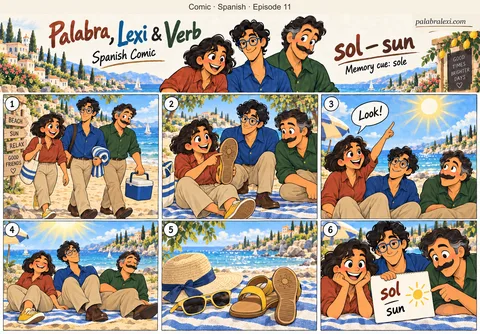 Spanish comic, episode 11: sol — sun. The friends walk along a sunny beach. Palabra shows the thick sole of her sandal and points to the sun.