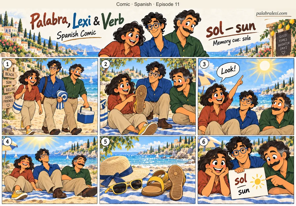 Spanish comic, episode 11: sol — sun. The trio walks on a sunny beach. Palabra shows the sturdy SOLE of her sandal and points to the SUN. No burns, hopping in pain or injuries.