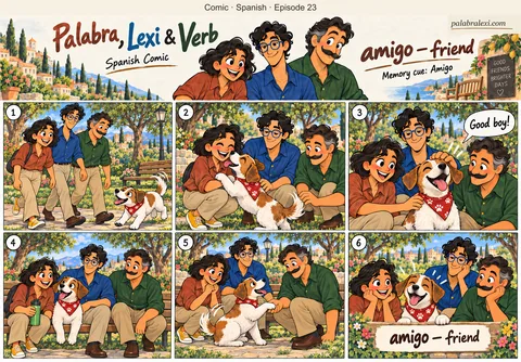 Spanish comic, episode 23: amigo — friend. A cheerful friend named Amigo greets Palabra, Lexi and Verb beside a park bench.