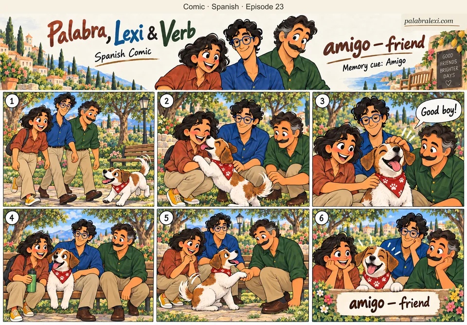 Spanish comic, episode 23: amigo — friend. A cheerful friend named Amigo greets Palabra, Lexi and Verb beside a park bench.