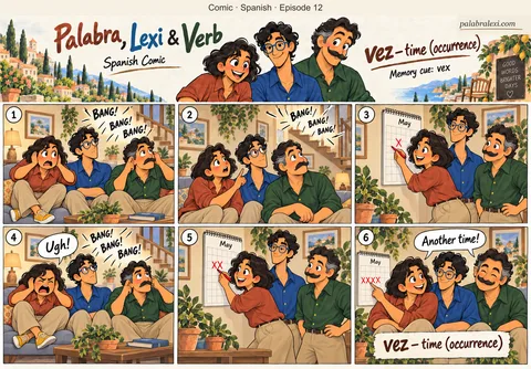 Spanish comic, episode 12: vez — time (occurrence). Every time the noise vexes you again, you mark another occurrence on the wall calendar.