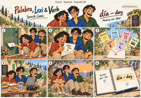 Spanish comic, episode 29: día — day. Each dear day arrives like a letter under the door: you open it and hours spill out.