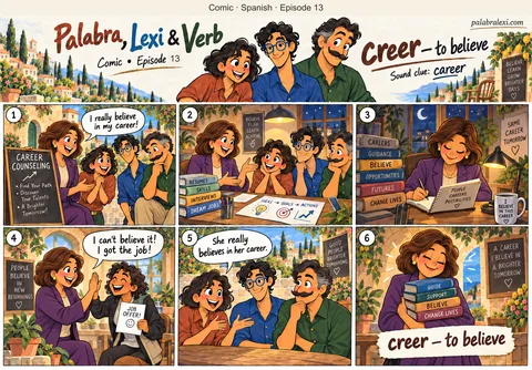 Spanish comic, episode 13: creer — to believe. A career counselor believes in her work and helps a student prepare for a job.