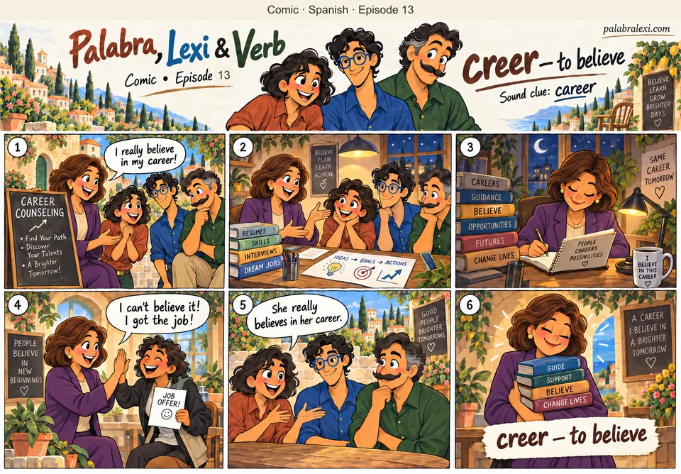 Spanish comic, episode 13: creer — to believe. A career counselor believes in her work and helps a student prepare for a job.