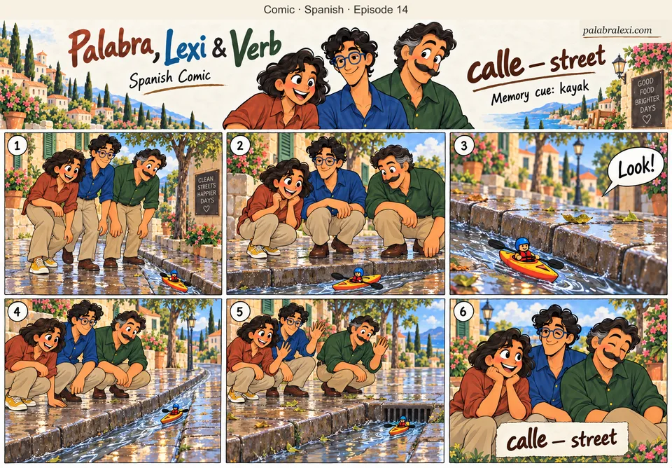 Spanish comic, episode 14: calle — street. After rain, the trio sees one small toy KAYAK float along a shallow roadside gutter of a STREET. They stay safely on the sidewalk, no flooding or boats among traffic.