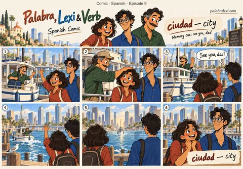 Spanish comic, episode 9: ciudad — city. «See you, dad!» you wave, and dad's tiny boat sails off between the skyscrapers of the city.