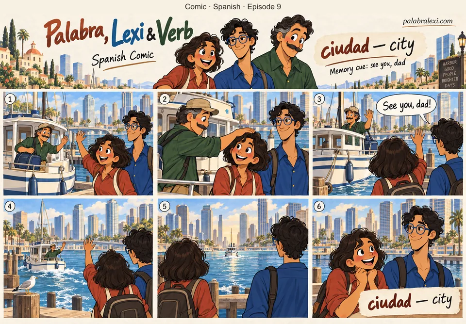 Spanish comic, episode 9: ciudad — city. «See you, dad!» you wave, and dad's tiny boat sails off between the skyscrapers of the city.