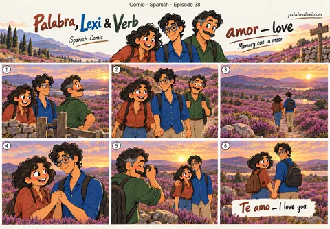 Comic · Spanish · Episode 38: amor — love. Two sweethearts walk across a moor at sunset, holding hands, full of love.