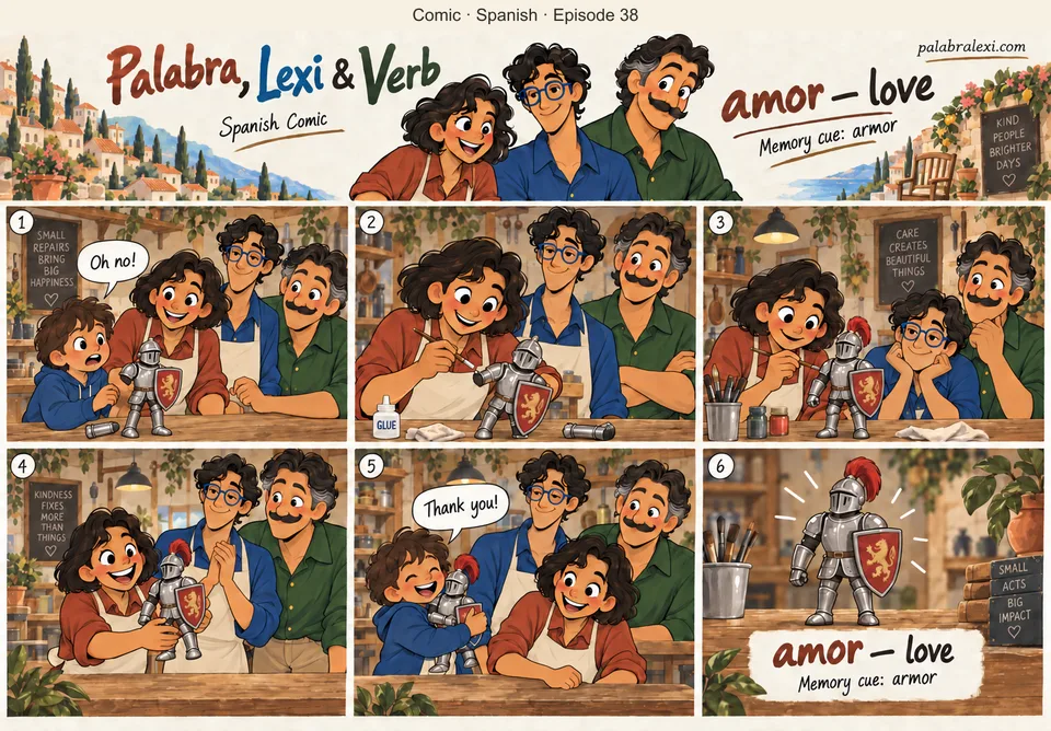 Spanish comic, episode 38: amor — love. Palabra lovingly repairs a toy suit of armor for a child; kindness and caring, no battle or romantic scene.