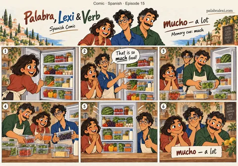 Spanish comic, episode 15: mucho — a lot. Palabra opens a refrigerator full of food. Lexi says, “That is so much food!” and Verb helps arrange it.