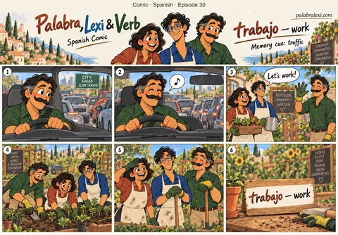 Spanish comic, episode 30: trabajo — work. Verb waits in a traffic jam, then arrives at work in a community garden, where Palabra and Lexi help him.