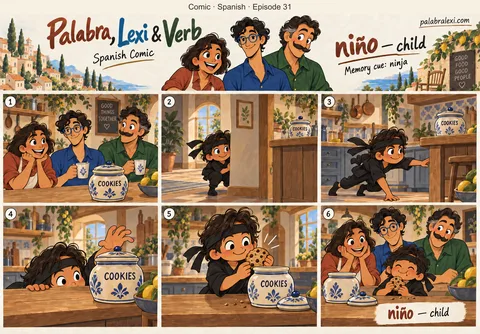 Spanish comic, episode 31: niño — child. The child moves like a tiny ninja: silent past the kitchen, straight to the cookie jar.