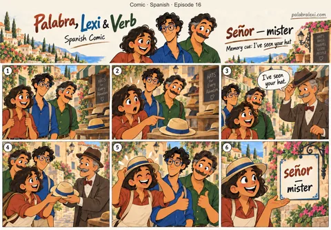 Spanish comic, episode 16: señor — mister. A polite gentleman says, “I've seen your hat,” while tipping his own hat. The friends then try the straw hat with the blue band.